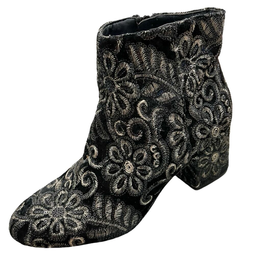 Aldo Sequin Gold Black Velvet Floral Brocade Block Heel Ankle Boots size 8.5